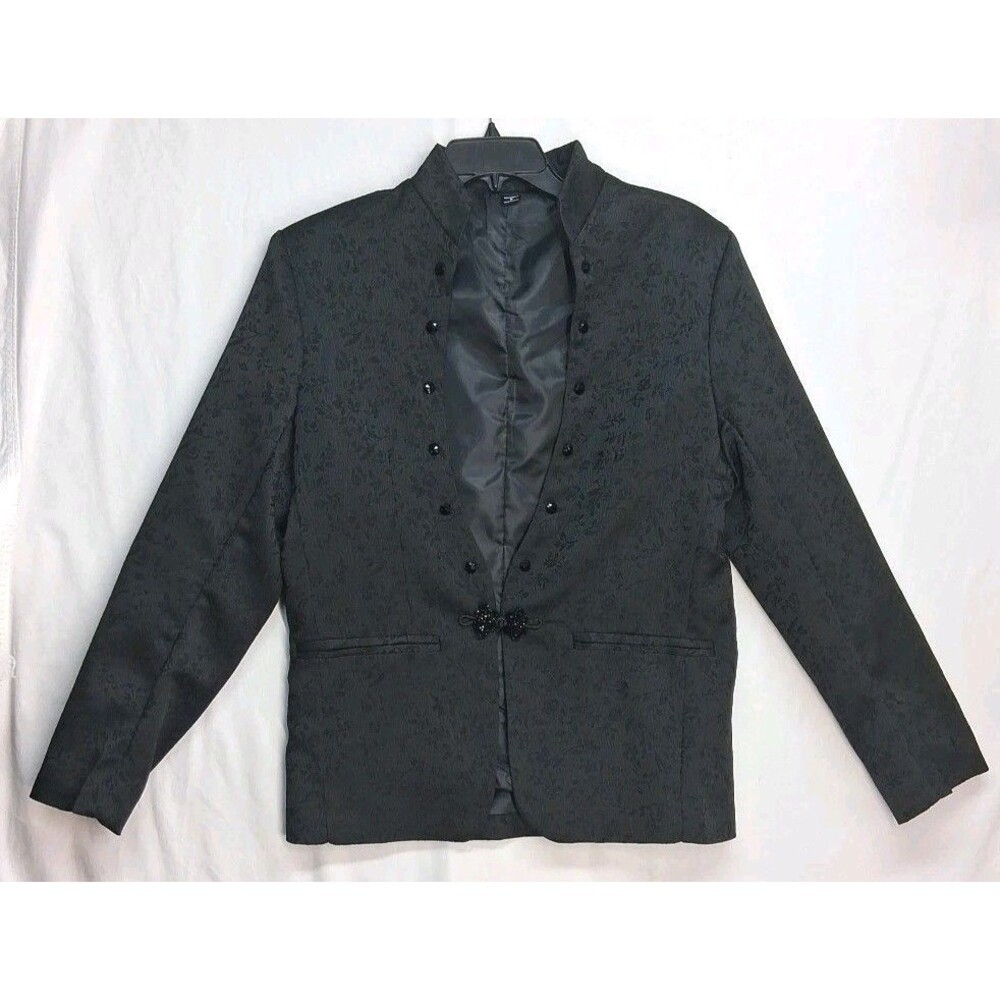 Manfinity Men Black Tuxedo Jacket Mandarin Collar Floral Emboss Vamp Prince Coat